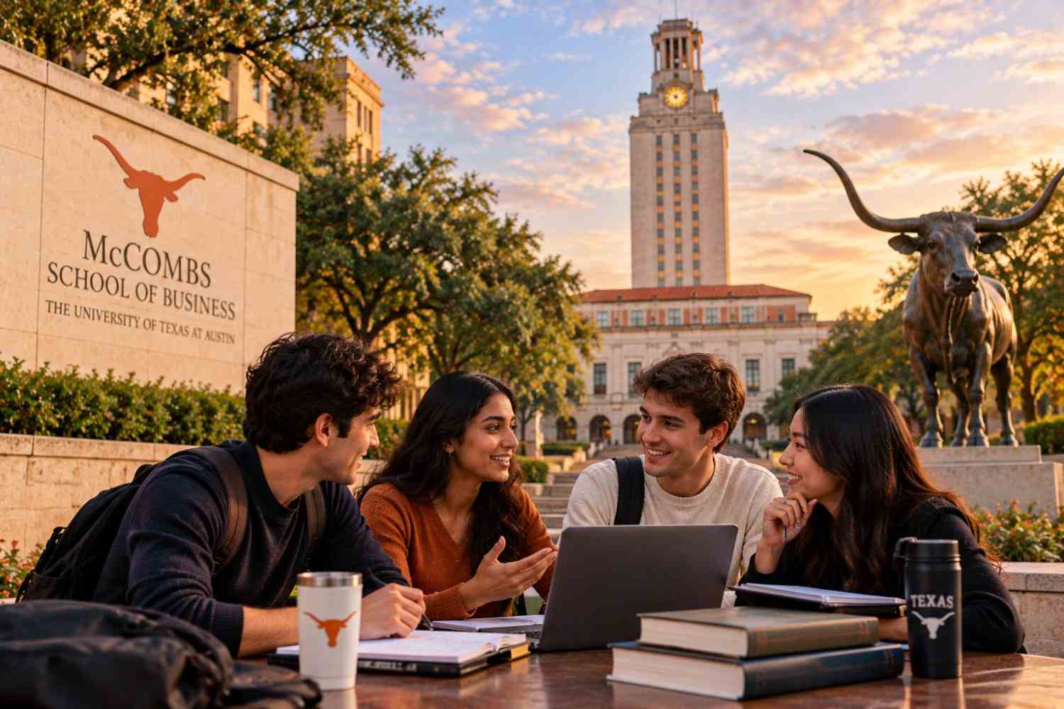 Students collaborating on a laptop outside the McCombs School of Business at the University of Texas at Austin, with the campus tower and Longhorn statue in the background, representing the Hildebrand Scholars Program.